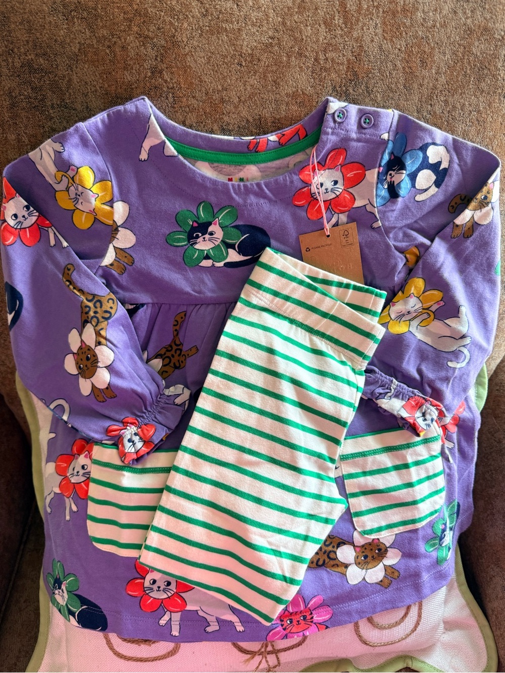 HTF- Mini Boden Girls Aster Purple Flower Cats Tunic and Legging Set 3-4Y